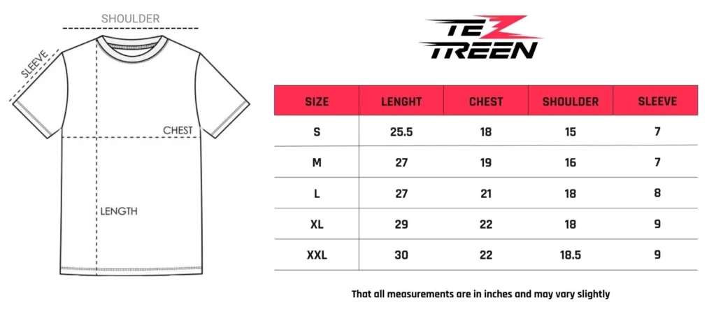 TezTreen T-Shirt SIze Chart